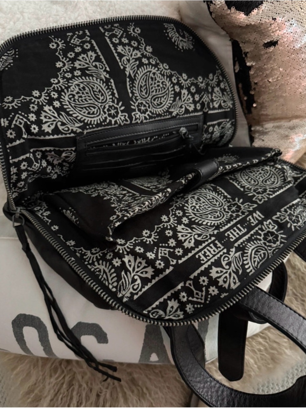 We The Free Black and White Genuine leather Bandana-Print Tote backpack